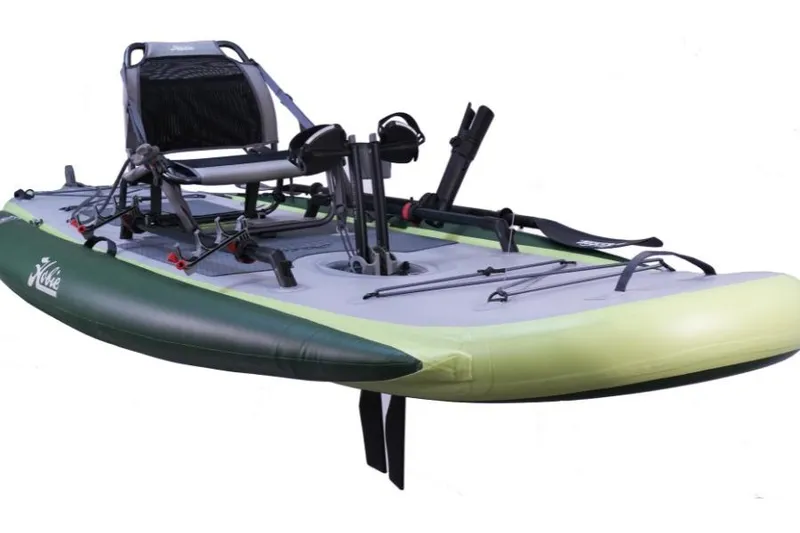 Slide: The Image of Inflatable kayak, White River iTrek Angler 10, 2026 model, featuring fishing accessories. - 2