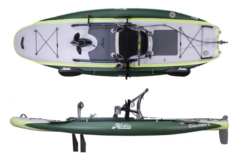 Slide: The Image of 2026 White River iTrek Angler 10 Inflatable kayak, top and side views, green and gray design. - 3