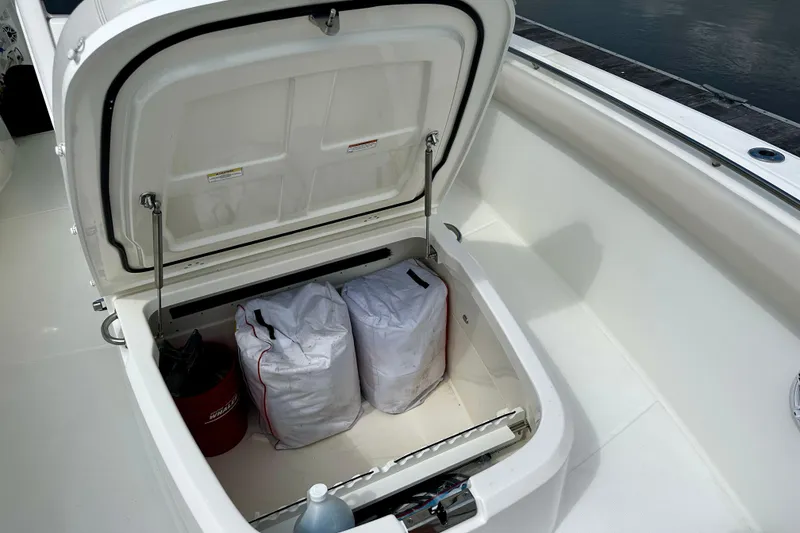 Slide: The Image of Open storage compartment on 2019 Boston Whaler 330 Outrage boat, containing bags and equipment. - 20