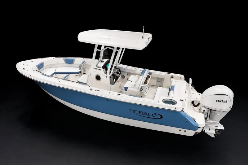 Slide: The Image of Manufacturer Provided Image: 2026 Robalo R230 Center Console boat with Yamaha engine, sleek design, blue and white color scheme. - 3
