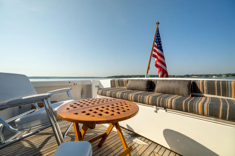 Slide: The Image of Luxury deck of 2008 Grand Banks 45 Eastbay SX yacht with seating and American flag. - 11