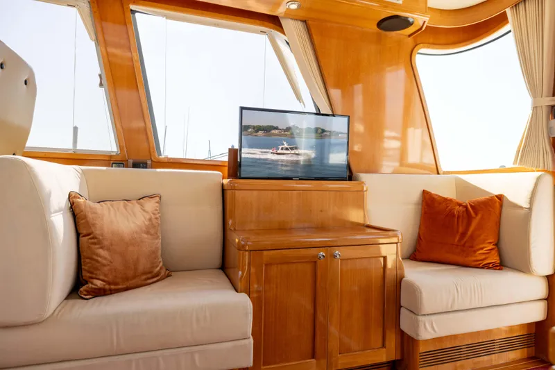 Slide: The Image of Luxurious 2008 Grand Banks 45 Eastbay SX yacht interior with plush seating and TV. - 18