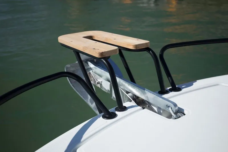 Slide: The Image of Bow of 2024 Beneteau Flyer 8 SPACEdeck with anchor and wooden seat. - 16