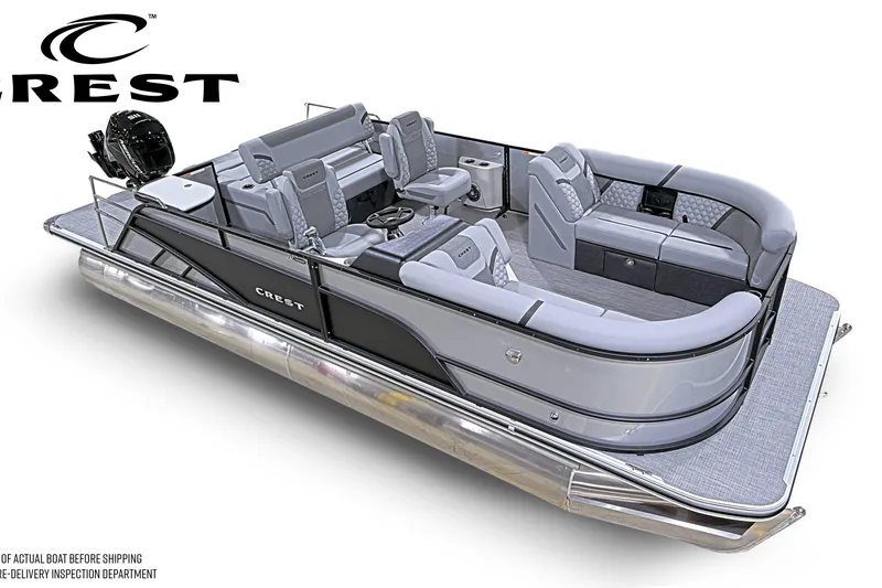 Slide: The Image of 2026 Crest Conquest 230 SLSC pontoon boat with luxurious seating and sleek design. - 2