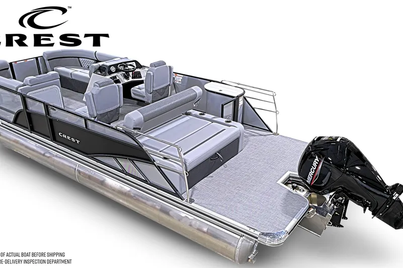Slide: The Image of 2026 Crest Conquest 230 SLSC pontoon boat with Mercury outboard motor, sleek design. - 4
