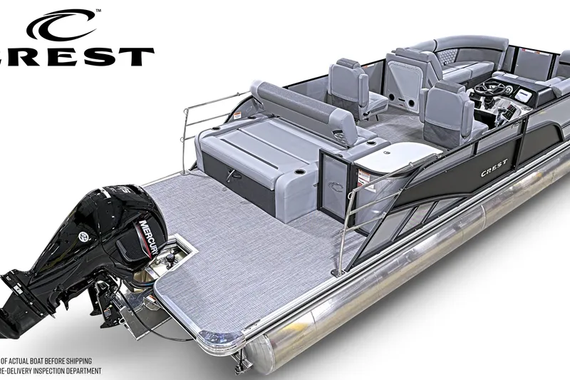 Slide: The Image of 2026 Crest Conquest 230 SLSC pontoon boat with sleek design and spacious seating. - 5