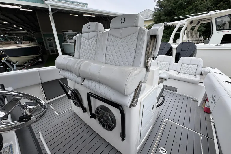 Slide: The Image of 2021 Fountain 34 Center Console boat interior with luxurious seating and modern design. - 30