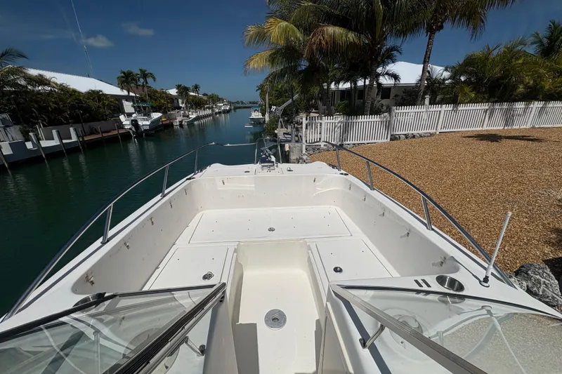 Slide: The Image of 2006 World Cat 250 DC boat docked by a scenic canal with palm trees. - 6