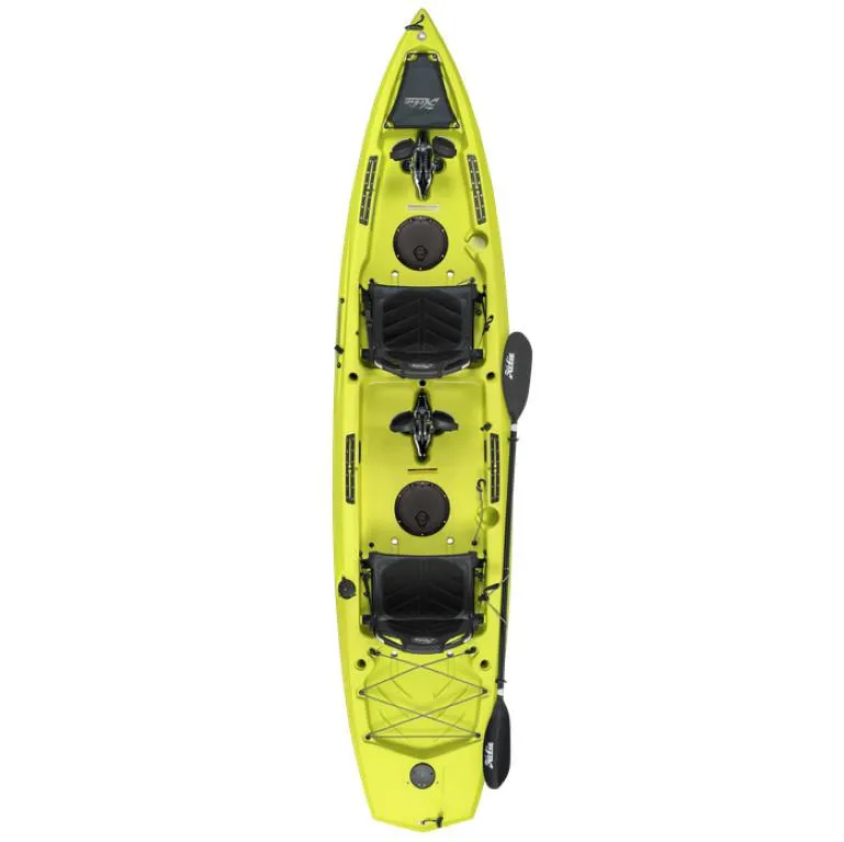 Slide: The Image of 2023 Hobie Compass Duo kayak, yellow, tandem seating, top view. - 2
