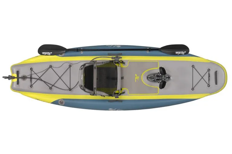 Slide: The Image of 2023 Hobie ITREK 11 inflatable kayak, top view, with paddle and seat. - 11