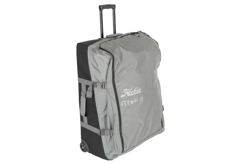 Slide: The Image of Hobie ITREK 11 2023 model in a gray travel bag with wheels and handle. - 13