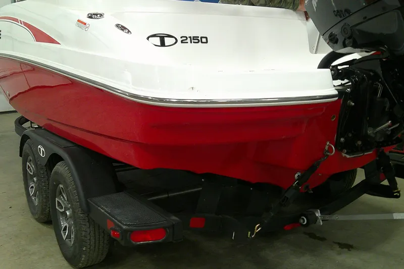 Slide: The Image of 2026 Tahoe 2150 boat on trailer, red and white design, rear view with motor. - 5