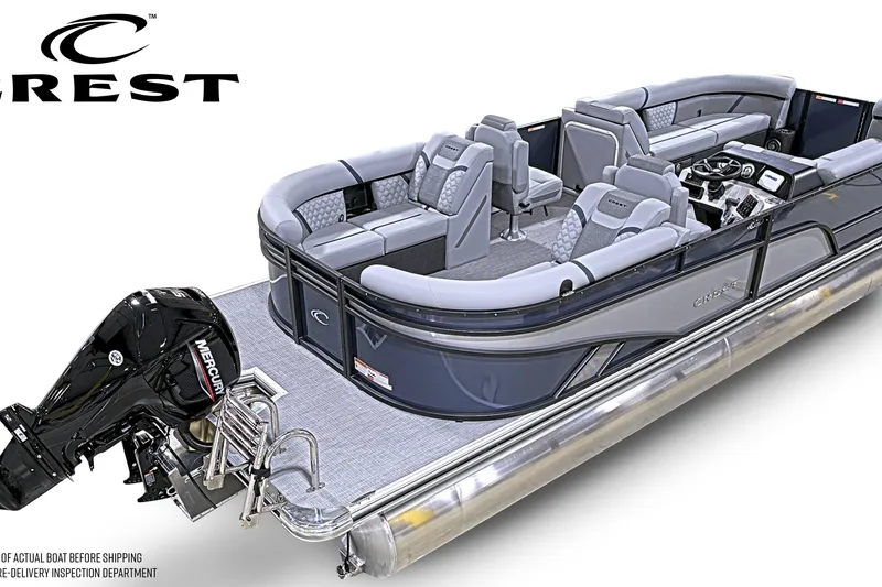 Slide: The Image of 2026 Crest Conquest 230 SLC pontoon boat with luxurious seating and Mercury outboard motor. - 2