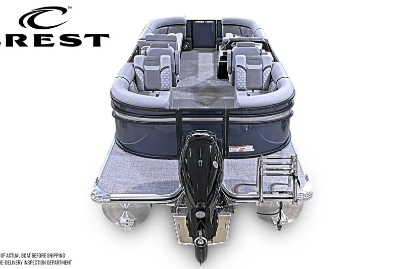 Slide: The Image of 2026 Crest Conquest 230 SLC pontoon boat, rear view, showcasing seating and motor. - 4