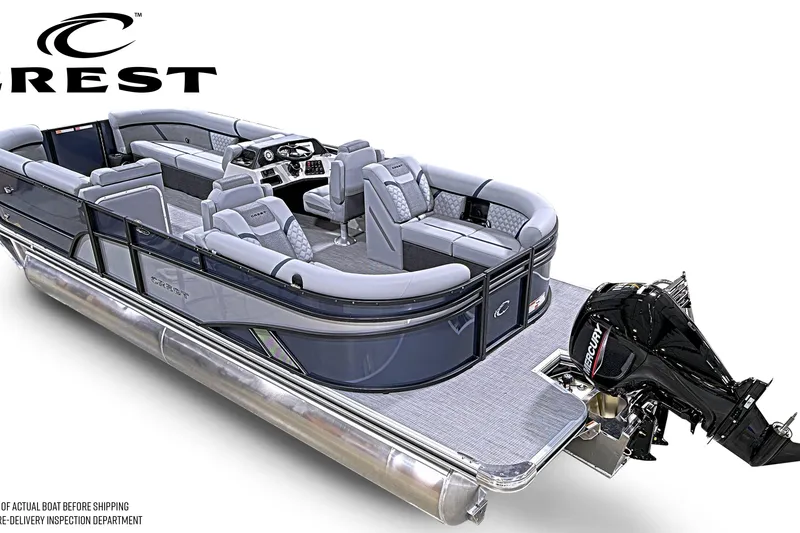 Slide: The Image of 2026 Crest Conquest 230 SLC pontoon boat with luxurious seating and Mercury outboard motor. - 5