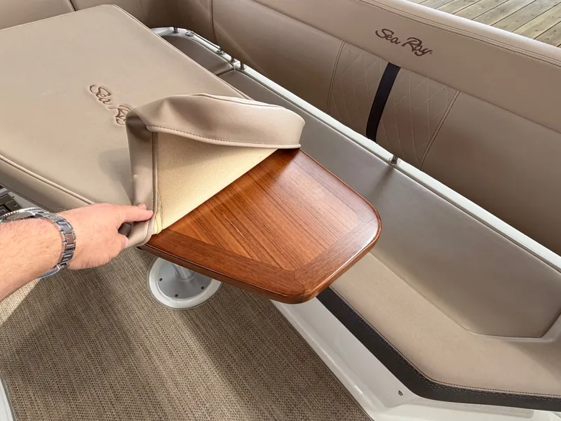 Slide: The Image of 2017 Sea Ray Sundancer 400, interior with wooden table and upholstery. - 11