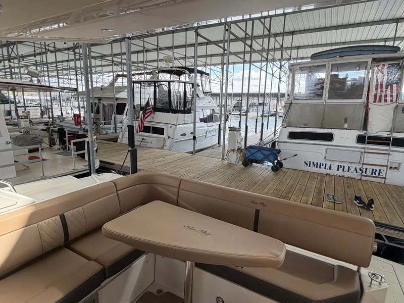Slide: The Image of Sea Ray Sundancer 400, 2017, in a covered marina. - 12