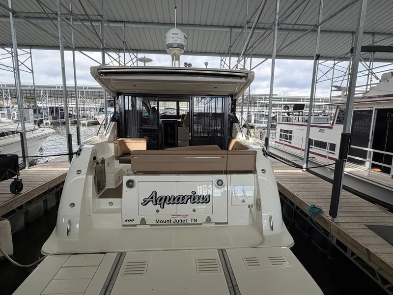 Slide: The Image of 2017 Sea Ray Sundancer 400 yacht docked, rear view. - 3