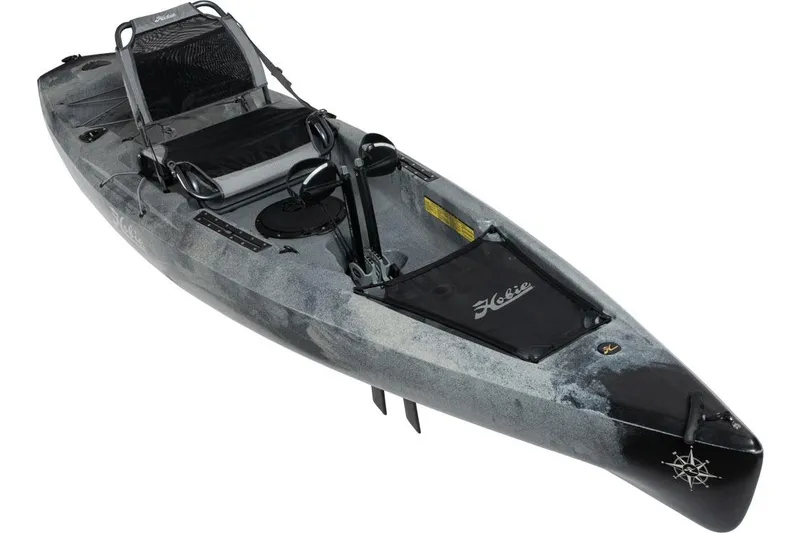 Slide: The Image of 2024 Hobie Mirage Compass kayak in gray, featuring pedal drive system and comfortable seating. - 5