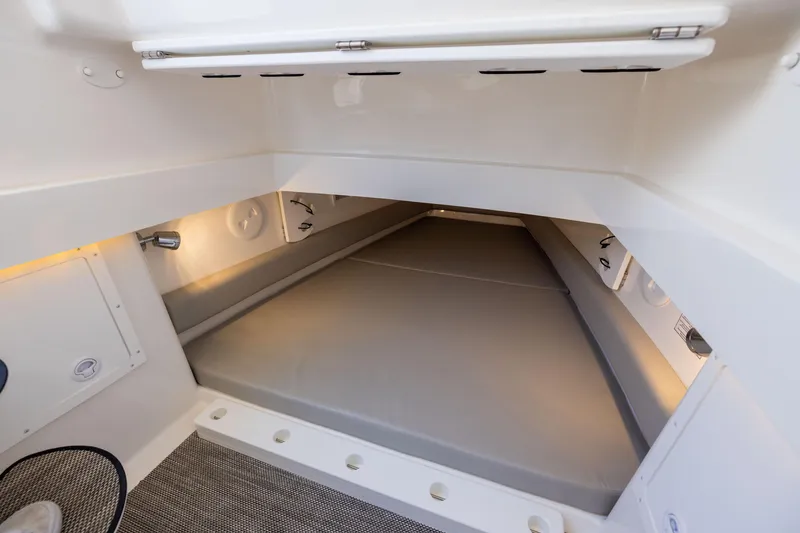 Slide: The Image of 2024 Regulator 34 cabin interior with cushioned sleeping area and ambient lighting. - 53