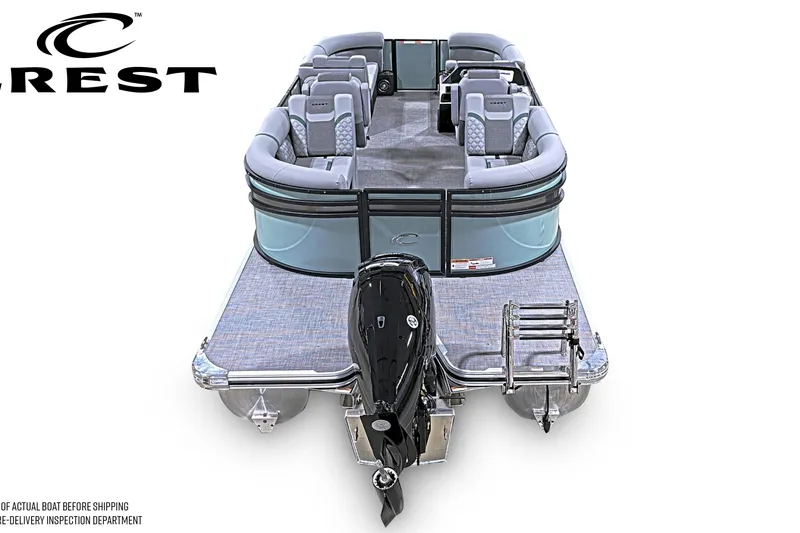 Slide: The Image of 2026 Crest Conquest 230 SLC pontoon boat, rear view, showcasing seating and motor. - 2