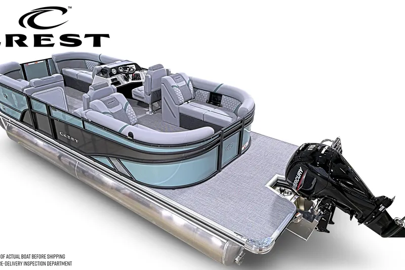 Slide: The Image of 2026 Crest Conquest 230 SLC pontoon boat with luxurious seating and Mercury outboard motor. - 3