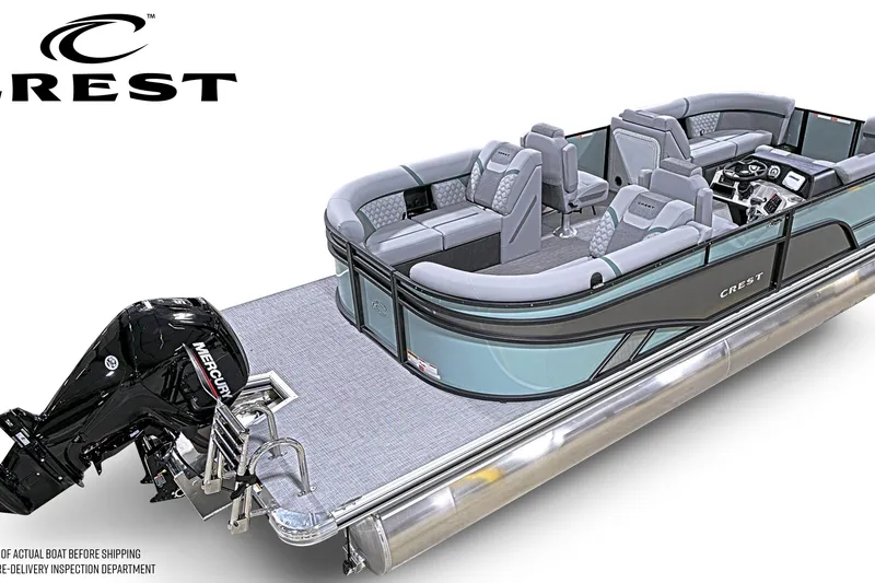 Slide: The Image of 2026 Crest Conquest 230 SLC pontoon boat with Mercury engine, luxurious seating, and modern design. - 4