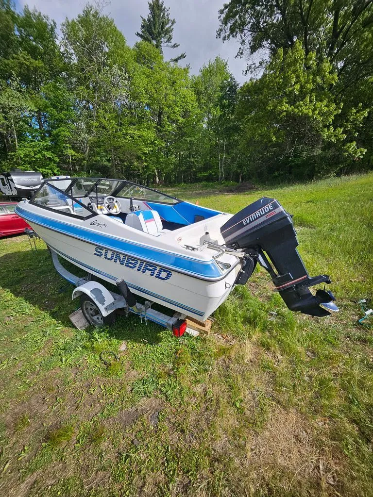 Slide: The Image of 1991 Sunbird Corsair boat with Evinrude motor in greenery. - 12