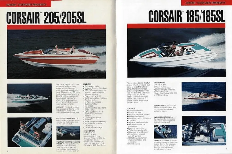 Slide: The Image of 1991 Sunbird Corsair boats with specifications and features. - 15