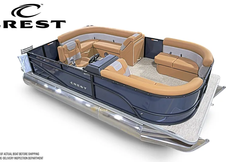 Slide: The Image of 2026 Crest Conquest SE 180 pontoon boat with luxurious seating and sleek design. - 2