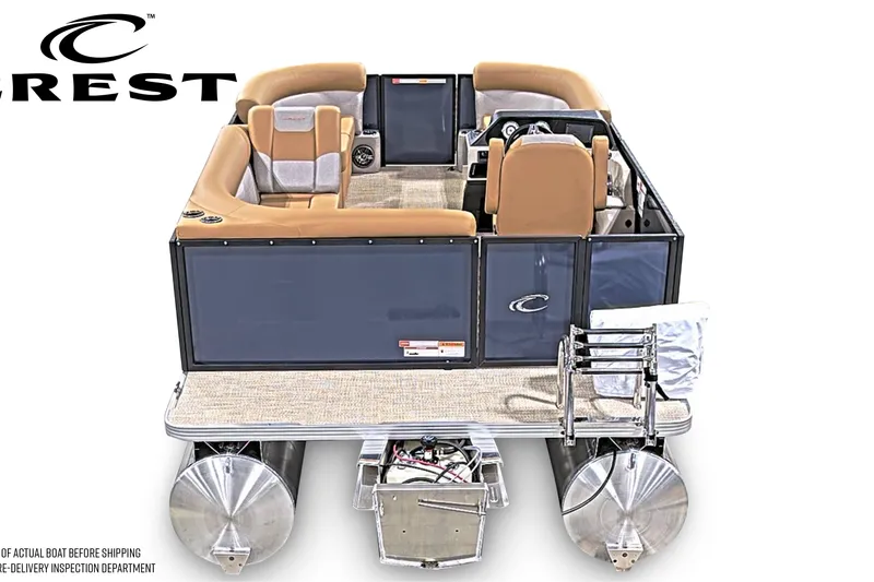 Slide: The Image of 2026 Crest Conquest SE 180 pontoon boat with tan seating and sleek design. - 3