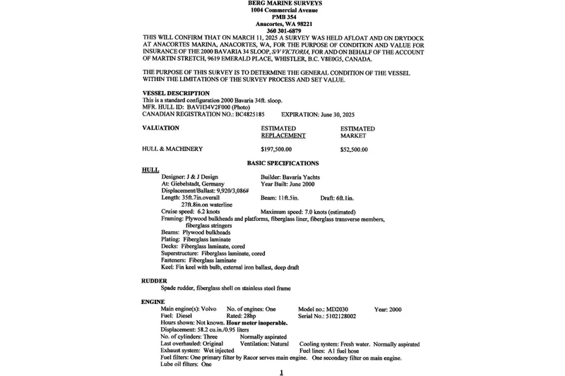 Slide: The Image of Survey document for 2000 Bavaria Sloop, detailing specifications and valuation. - 10