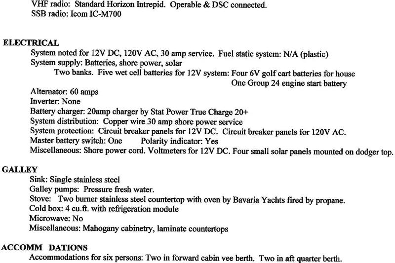 Slide: The Image of Electrical and galley specifications for a 2000 Bavaria Sloop, featuring solar panels and mahogany cabinetry. - 11