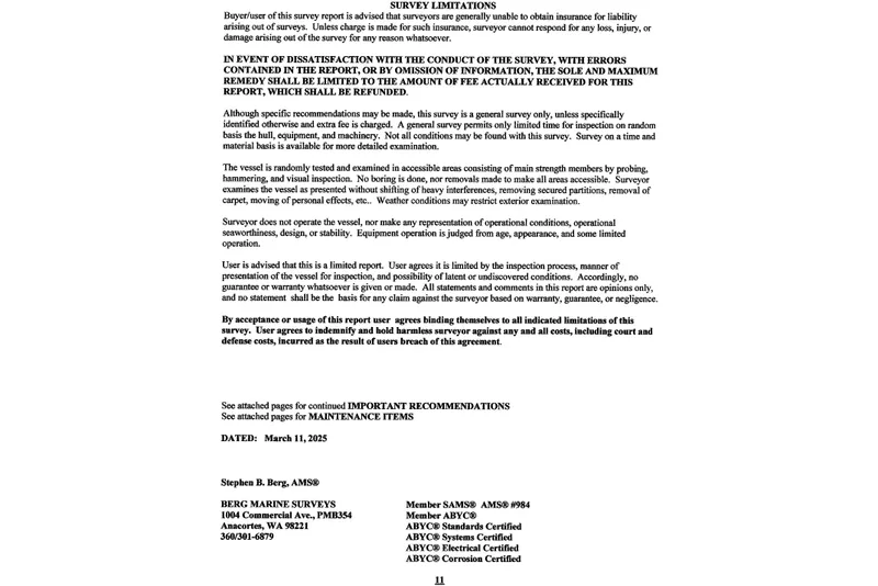 Slide: The Image of Survey limitations document for a 2000 Bavaria Sloop, detailing inspection scope and liability terms. - 18