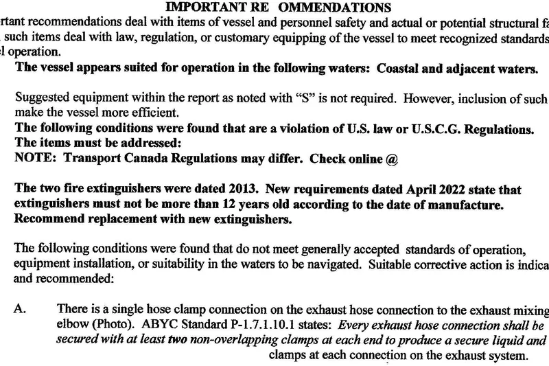 Slide: The Image of Important recommendations for Bavaria Sloop 2000, including fire extinguisher updates and hose clamp requirements. - 19