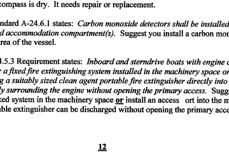Slide: The Image of Text discussing safety requirements for Bavaria Sloop 2000, including carbon monoxide detectors and fire extinguishing systems. - 20
