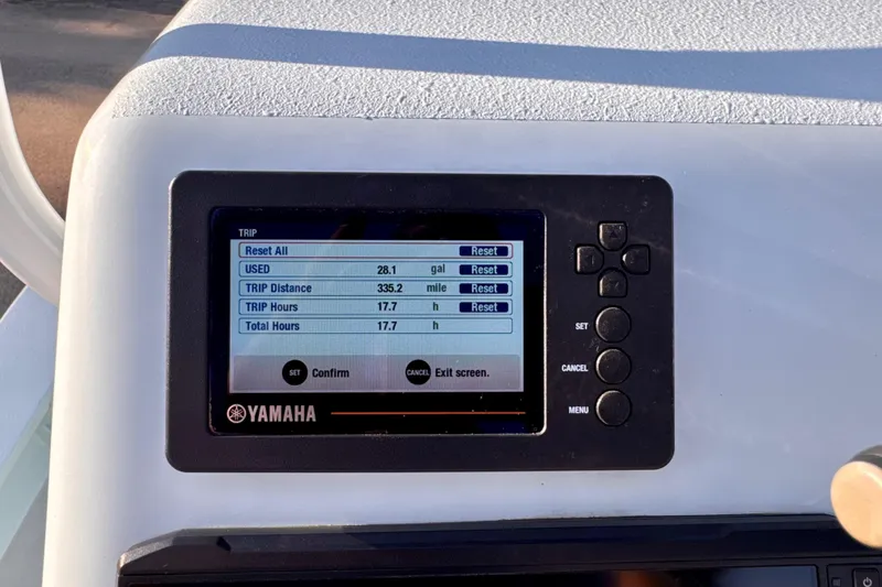 Slide: The Image of Yamaha display on Waterman Wildwater 23 boat showing trip data and fuel usage. - 12