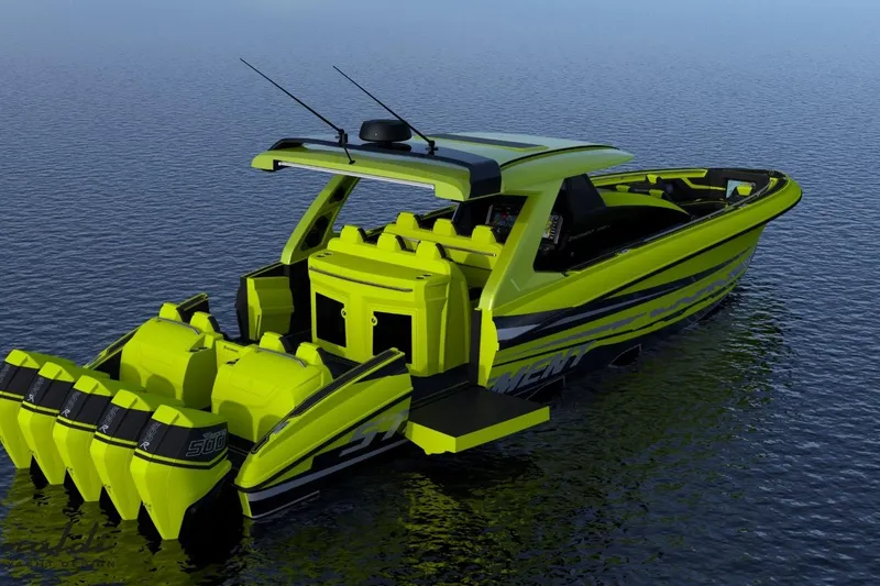 Slide: The Image of Bright green Statement 47 GTrs boat, 2026 model, with multiple outboard engines on calm water. - 2