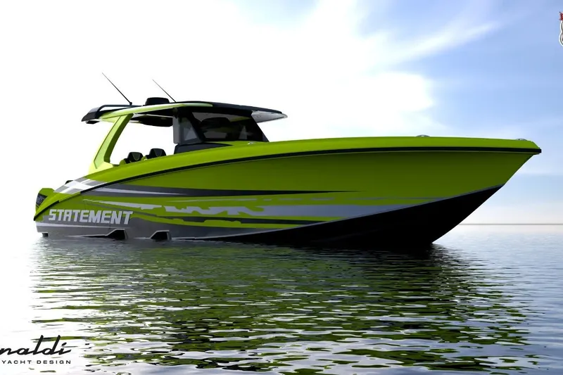 Slide: The Image of Bright green 2026 Statement 47 GTrs yacht on calm water, sleek design. - 5