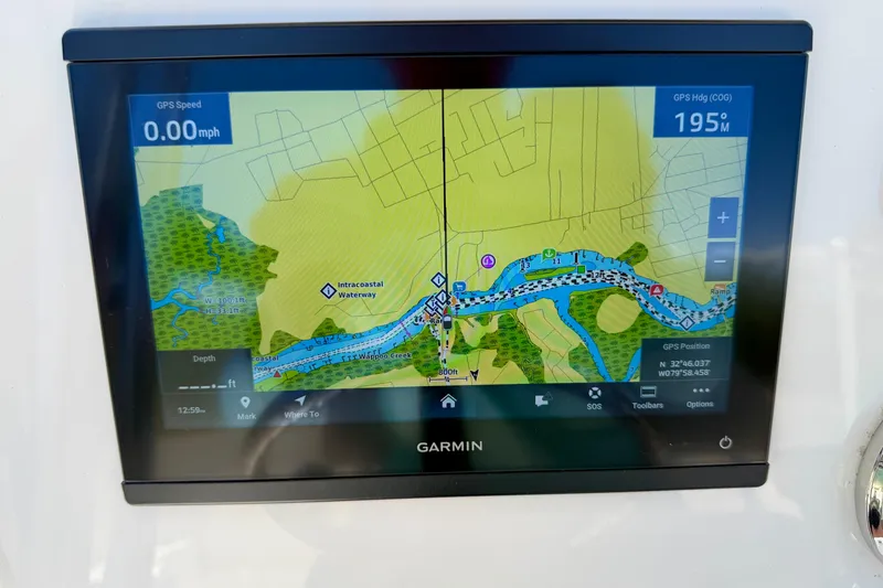 Slide: The Image of Garmin GPS display on 2023 Key West 189 FS boat, showing intracoastal waterway map. - 11