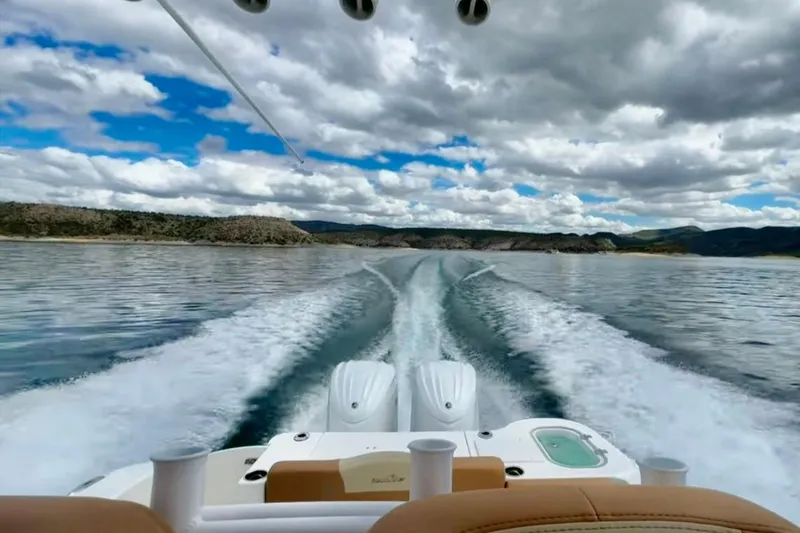 Slide: The Image of 2024 NauticStar 292 Legacy cruising on a serene lake under a cloudy sky. - 24