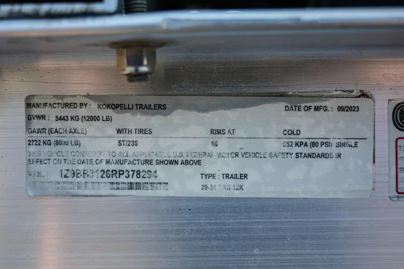 Slide: The Image of Label on Kokopelli trailer showing specifications and manufacturing date, September 2023. - 47