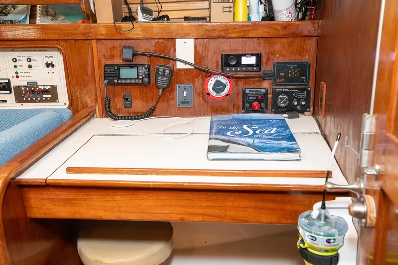 Slide: The Image of Interior cabin of 1994 Morgan Catalina 38 sailboat with yellow bedding. - 35
