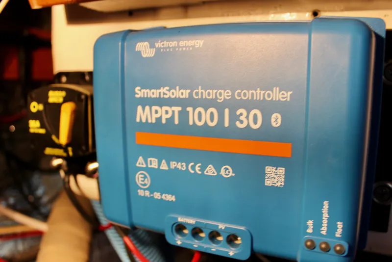 Slide: The Image of Victron Energy SmartSolar charge controller on 1975 Downeast 38 boat. - 79
