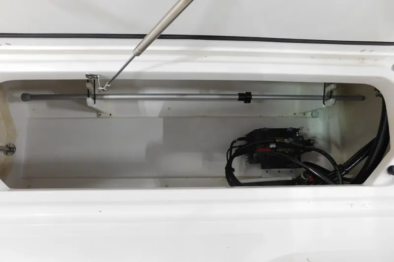 Slide: The Image of Storage compartment of 2022 Pursuit DC 266 Dual Console boat, featuring hydraulic components. - 51