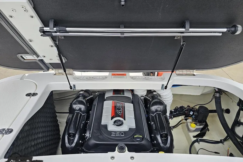 Slide: The Image of 2020 Rinker 19QX BR boat engine compartment with 4.5L 250 horsepower engine. - 91