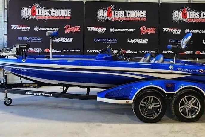 The Image of 2022 Ranger Z519 Cup-Equipped boat in vibrant blue at Anglers Choice event. - 1