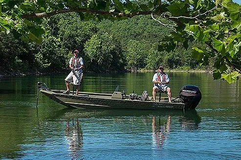 Slide: The Image of Manufacturer Provided Image: 2025 Lowe Roughneck 1860SC boat on a serene lake with two people fishing. - 23