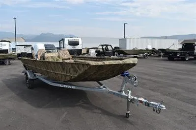 Slide: The Image of 2025 Lowe Roughneck 1860SC boat on trailer in parking lot, surrounded by vehicles. - 3