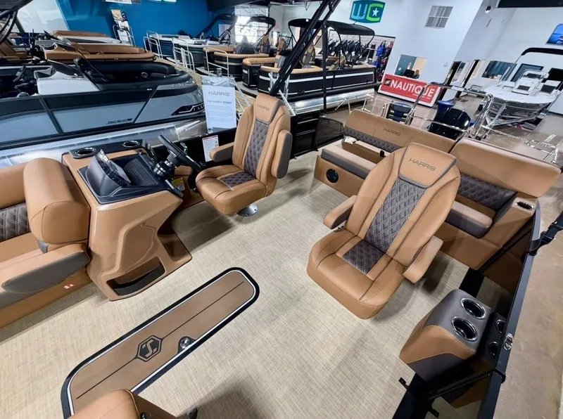 Slide: The Image of Interior of 2026 Harris Cruiser 230 pontoon boat with luxurious seating. - 12
